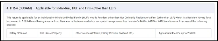 ITR 4 or SUGAM

If your total income includes income from:

Business/profession,

Salary or retirement benefits like pension

One house property and

Other sources - then you can file ITR 4.

However, to file this form, your total income in a financial year should not exceed ₹50 lakhs. Additionally, if you have income from capital gains, you cannot file this return.